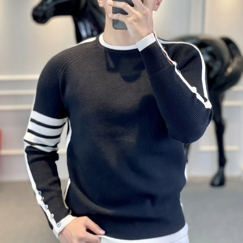Jersey a rayas con contraste de colores y cuello redondo para otoño e invierno, suéter tejido con farol, ropa de manga larga para hombre, Tops con estilo Retro