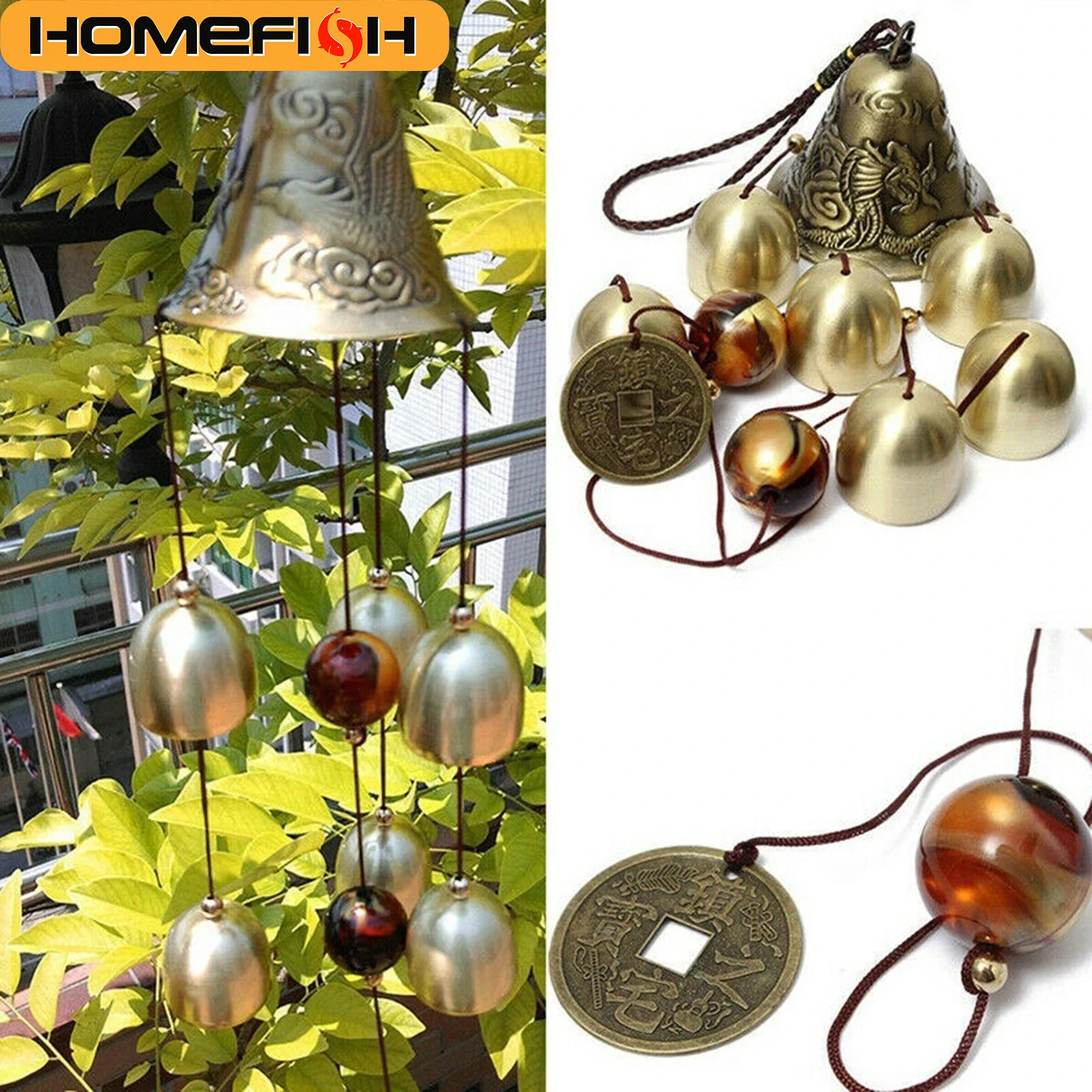 6 campanelli eolici in metallo per esterni con campanelli in rame - Ornamento decorativo da appendere per cortile e giardino, ideale per la decorazione domestica all'aperto