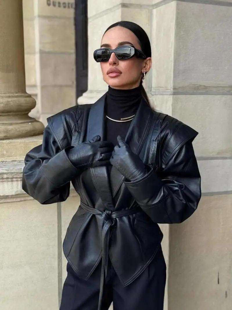 Suninherat outono jaqueta de couro falso 2025 moda preto pu casaco com cinto lapela outwear feminino