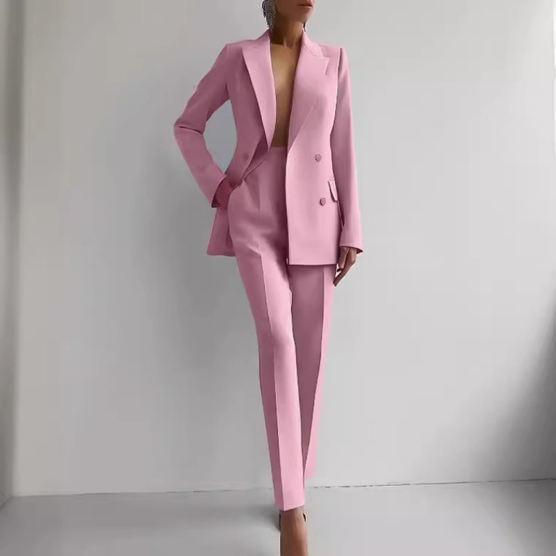 Feminino novo 2 pçs conjunto de roupas cor sólida manga longa blazer jaqueta cintura alta calças compridas terno verão moda escritório