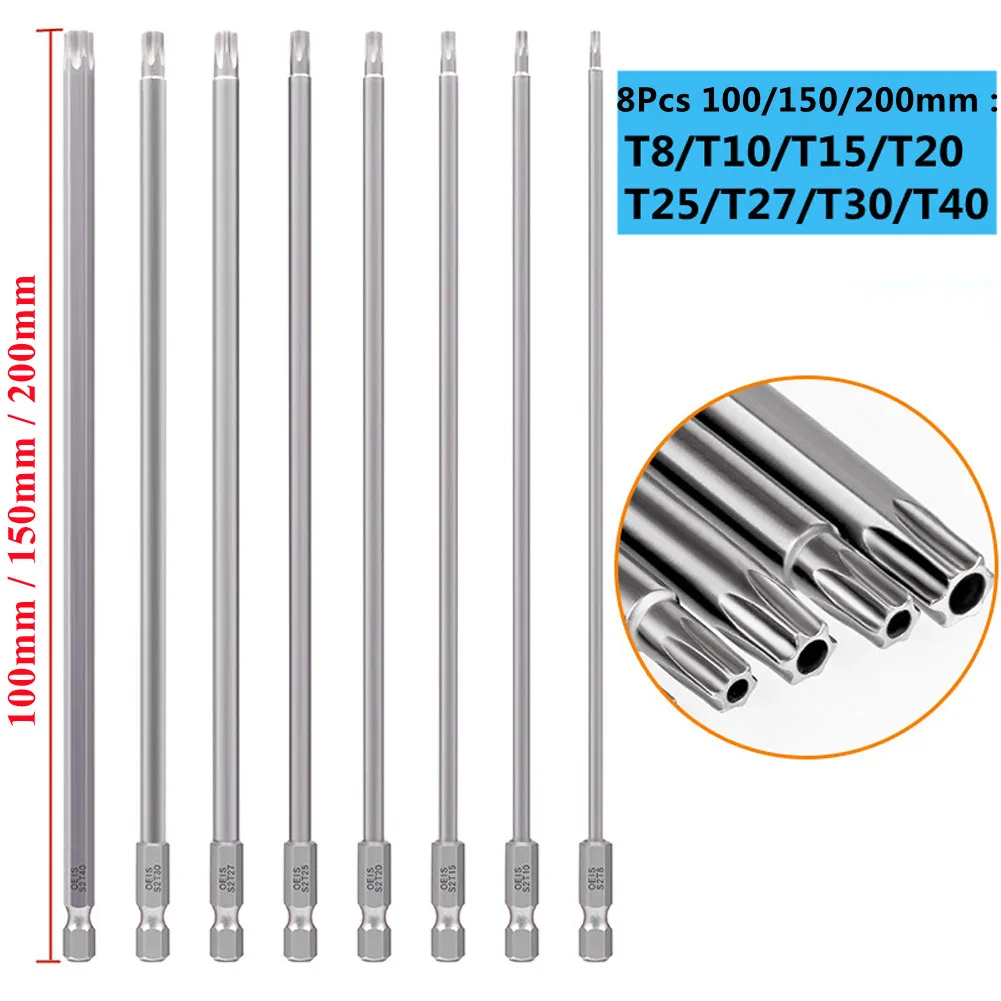 8-teiliges Torx-Schraubendreher-Bit-Set, 1/4 Zoll Sechskantschaft, magnetische Stern-Bits T8-T40 für Bohrschlüssel, 150 mm, 200 mm
