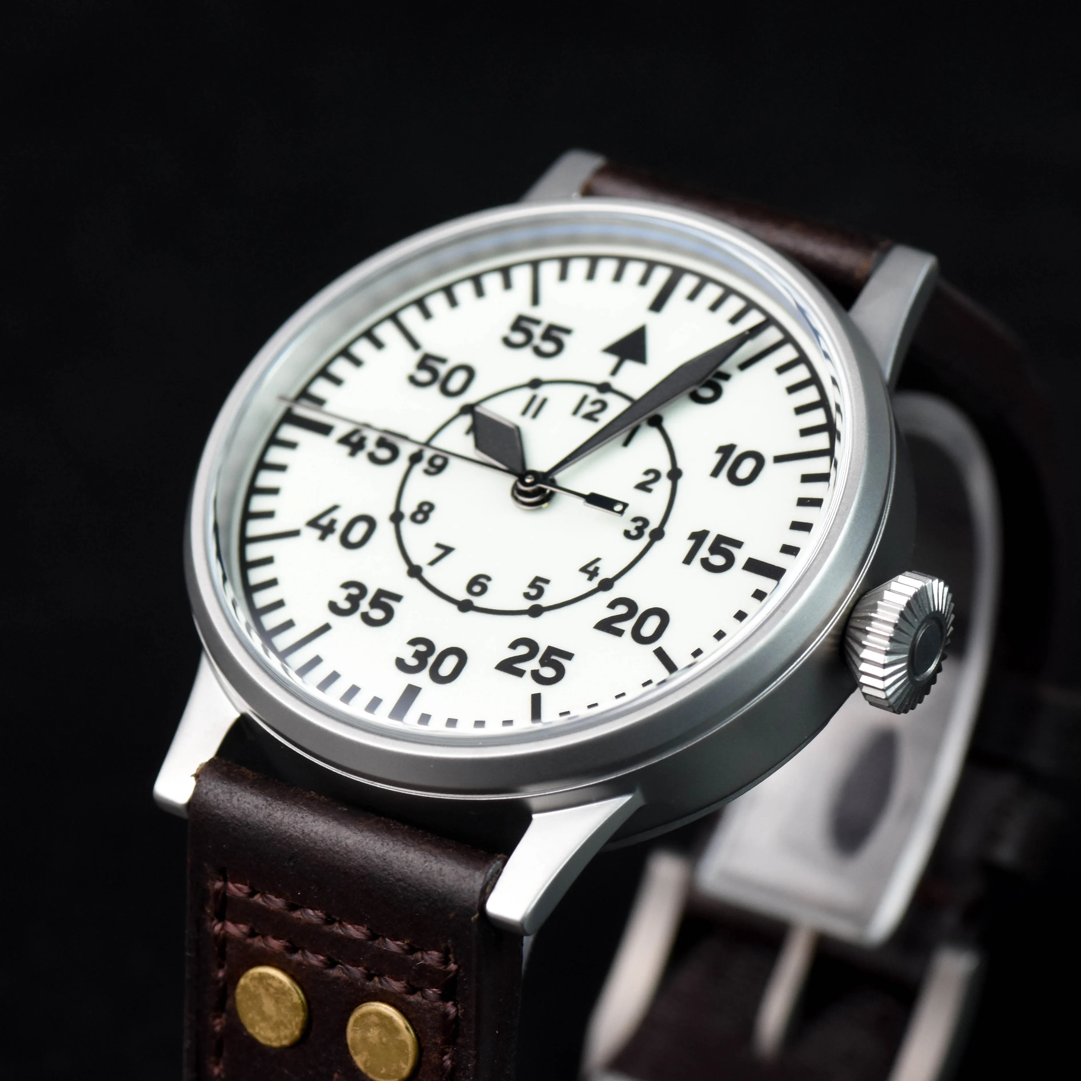 Hruodland Retro Pilot reloj mecánico automático para hombre zafiro de lujo cuero de acero inoxidable impermeable 10Bar Super Glow C3 re