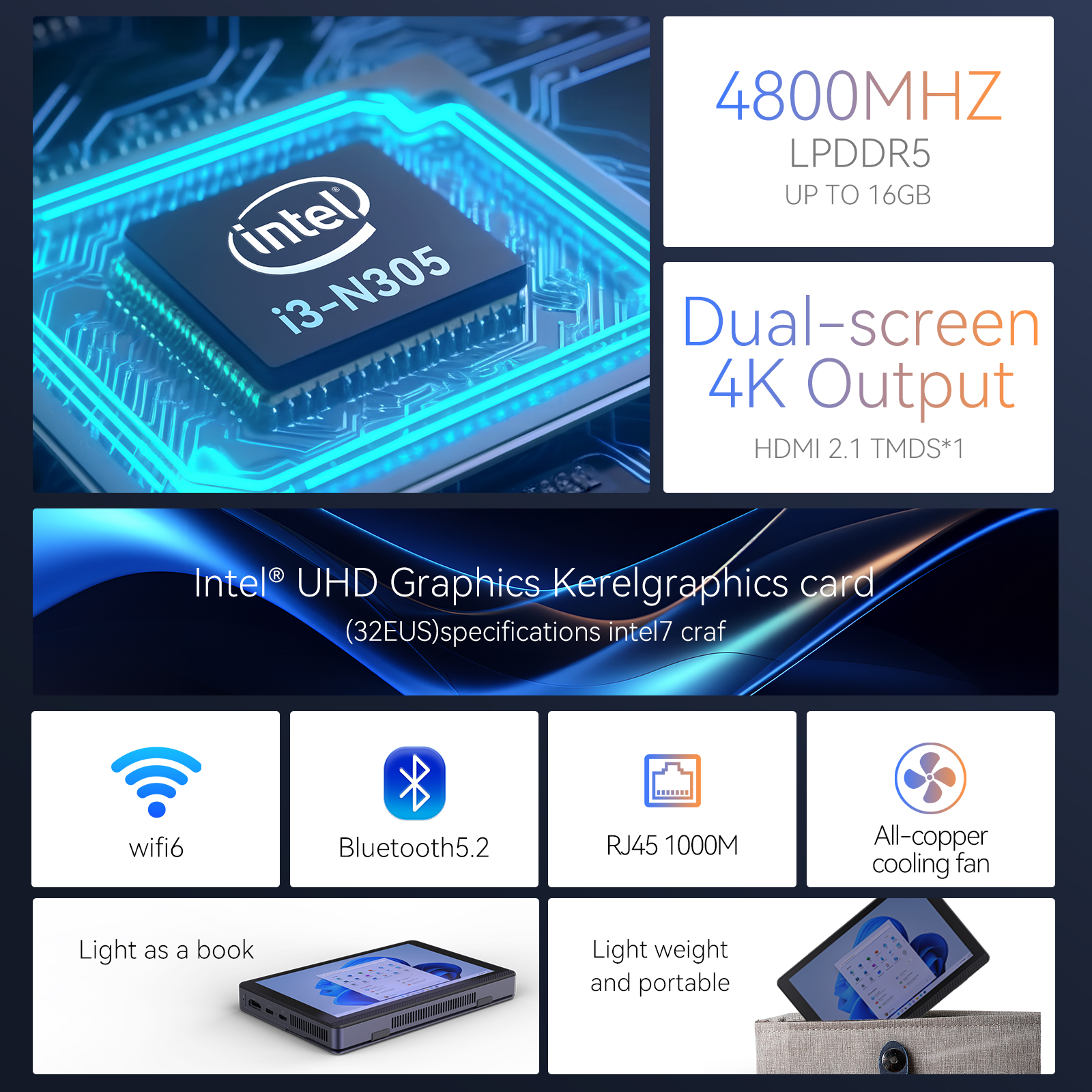 Morefine 12th gen intel n305 7 Polegada mini pc windows11pro wifi6 bt5.2 16gb/2t tela de toque 4k tablet pc 3600mah mini desktop host