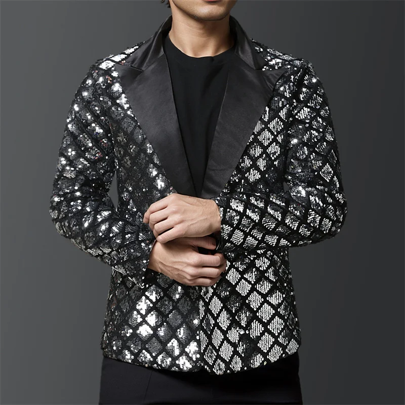Hombres De Moda Lujosos Lentejuelas Chaqueta De Traje A Cuadros Golden / Silver Singer Preside La Fiesta De Escenario Vestido Suelto Chaqueta De Traje
