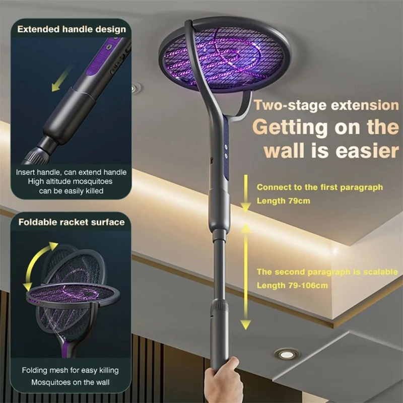 Matamoscas multifuncional 2 en 1, raqueta eléctrica retráctil, matamoscas USB recargable, electrodoméstico