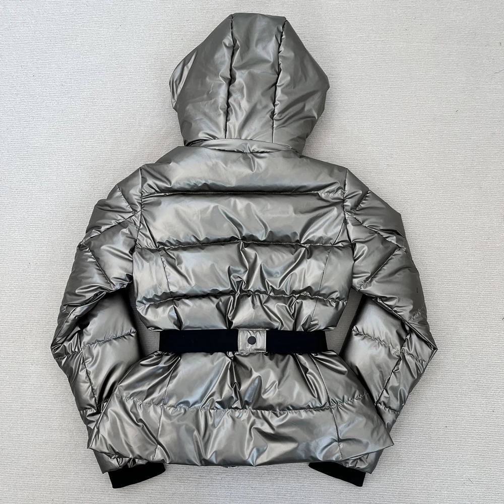 RARA 2025 Chaqueta de algodón con capucha para mujer, serie Ski, con cinturón, cintura a la moda, cálida, resistente al viento, impermeable, para ir al trabajo