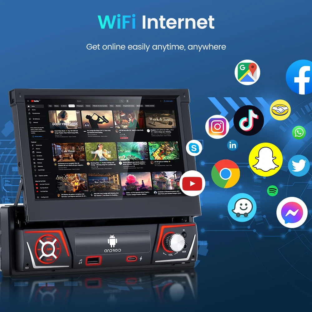 1 din Autoradio Android Carplay Auto Universale 7 "IPS Schermo retrattile Navigazione gps 1Din Android 12 Lettore video multimediale