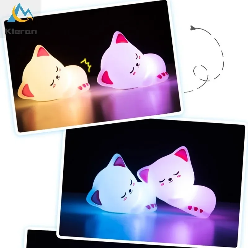 Gato de silicone macio sete cores led luzes da noite usb recarregável crianças bebê lâmpada chão criativo dos desenhos animados decoração do quarto luz