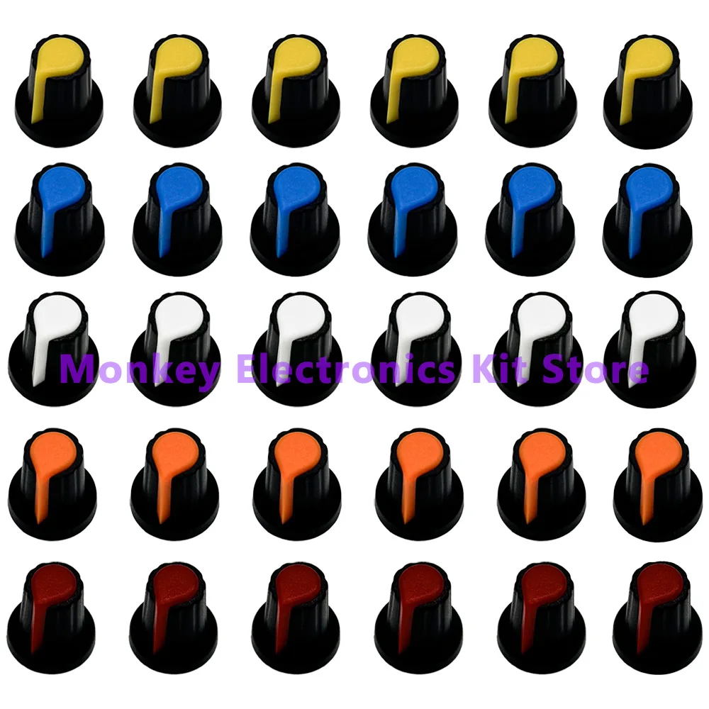 30PCS 5 สี Lot WH148 Potentiometer ลูกบิด 15X17 มม.6 มม.Potentiometer ลูกบิดพลาสติกหมวก 5 สีสีเหลืองสีส้มสีฟ้าสีขาวสีแดง