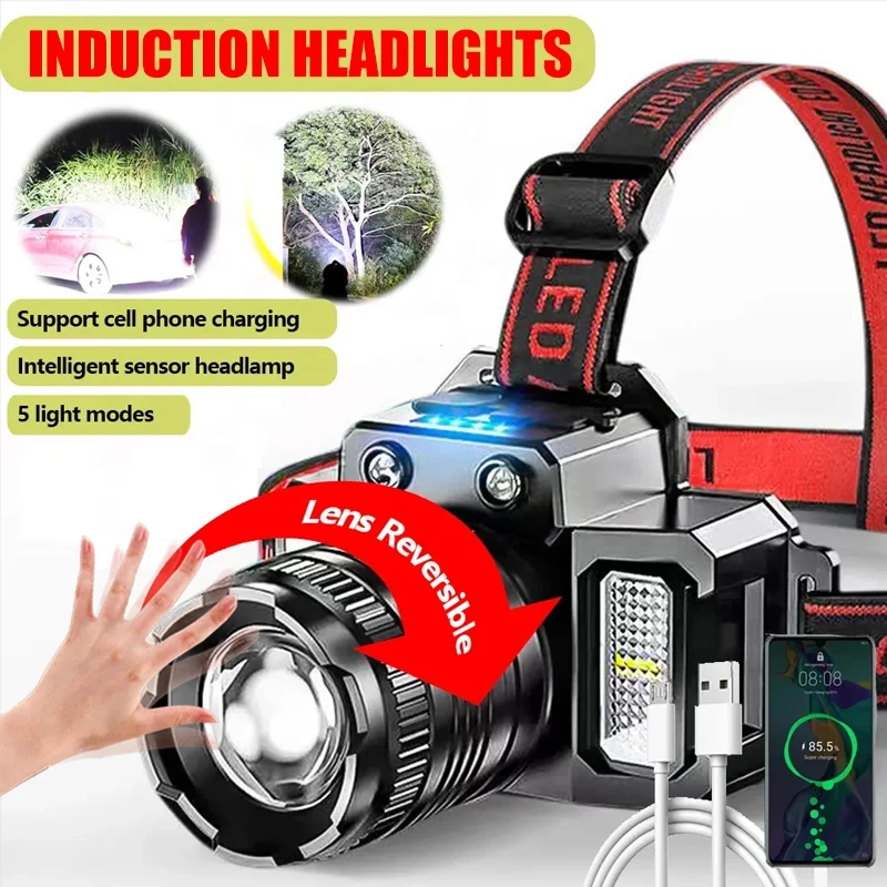 Wiederaufladbare Stirnlampe 1800 mAh Superhelle Taschenlampe T51 Induktions-LED-Scheinwerfer Wasserdicht Camping Mobile Power Bank blinkt