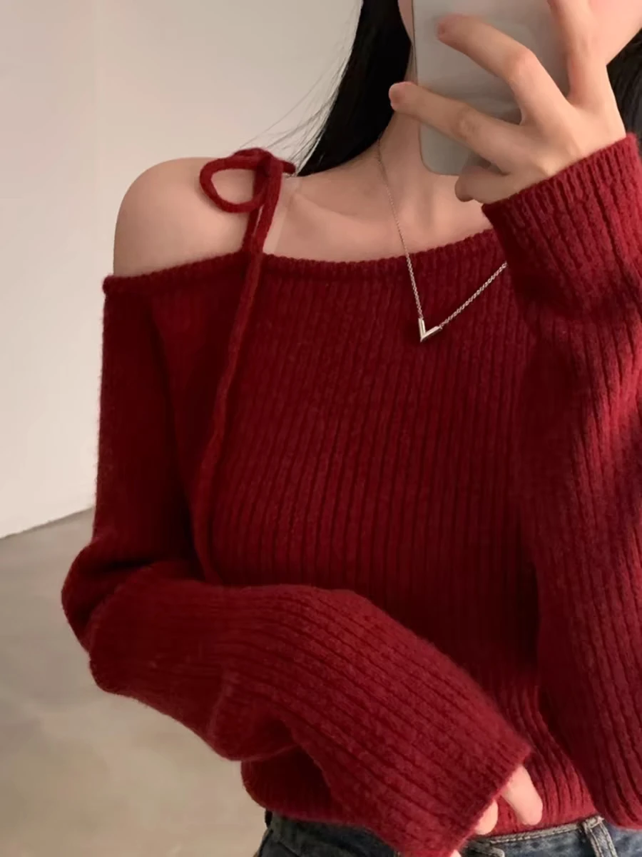 Plus Size Red Knitted Sweater Women's Base Layer Inner Design Sense Small ence Top Autumn Winter New Sle Bindiasha Commute Sle