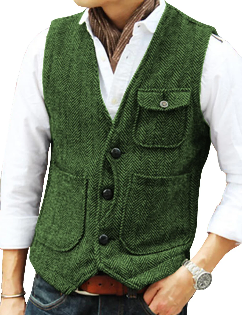 Herringbone ชายเสื้อสูทธุรกิจเสื้อกั๊ก Herringbone Tweed V คออย่างเป็นทางการเสื้อกั๊กสําหรับงานแต่งงานหรือ Tuxedo ชายเสื้อกั๊ก