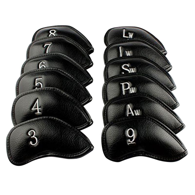 革のヘッドカバー,12個,柔らかいpu,刺handed,クラシックな黒,右利き