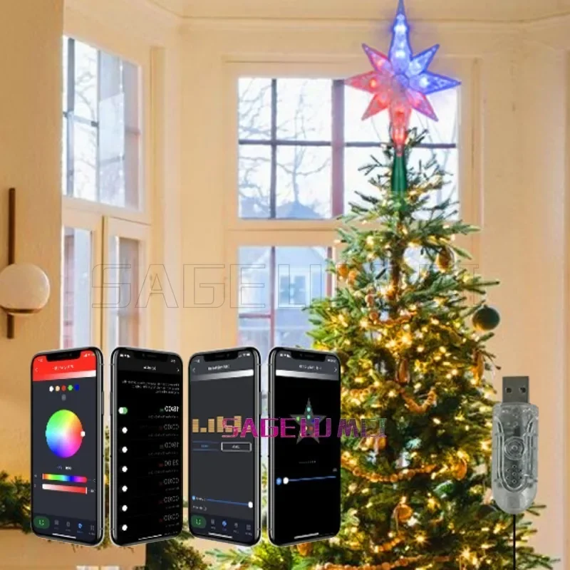 Christmas Tree Top Smart Christmas Tree Topper Star Octagonal Star DIY Music Sync Voice Remote APP Decor Holiday Xmas Tree Light