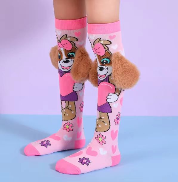 Calzini alla moda al ginocchio per ragazze, calzini per orecchie di cane da cartone animato cuciti a mano che possono essere indossati sia per bambini che per adulti