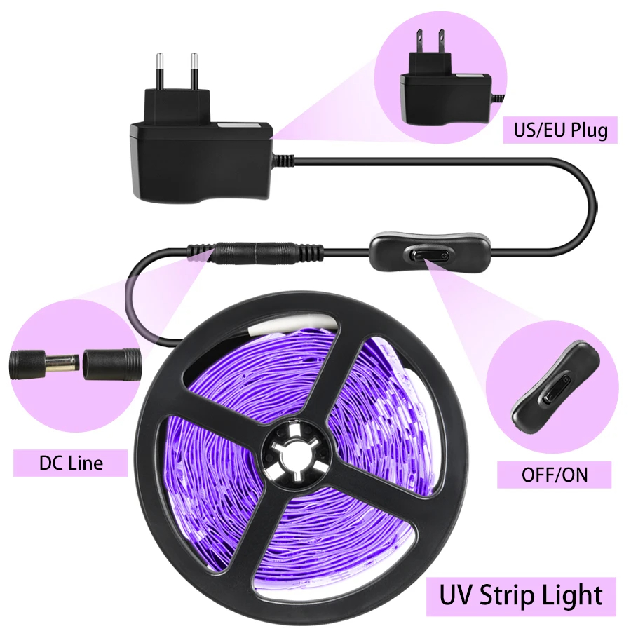 UV DC 12V 5M LED Light Strip Ultraviolet 385-400nm Black Light 2835 SMD UV Lamp Flexible LED Ribbon for Glow Fluorescence party