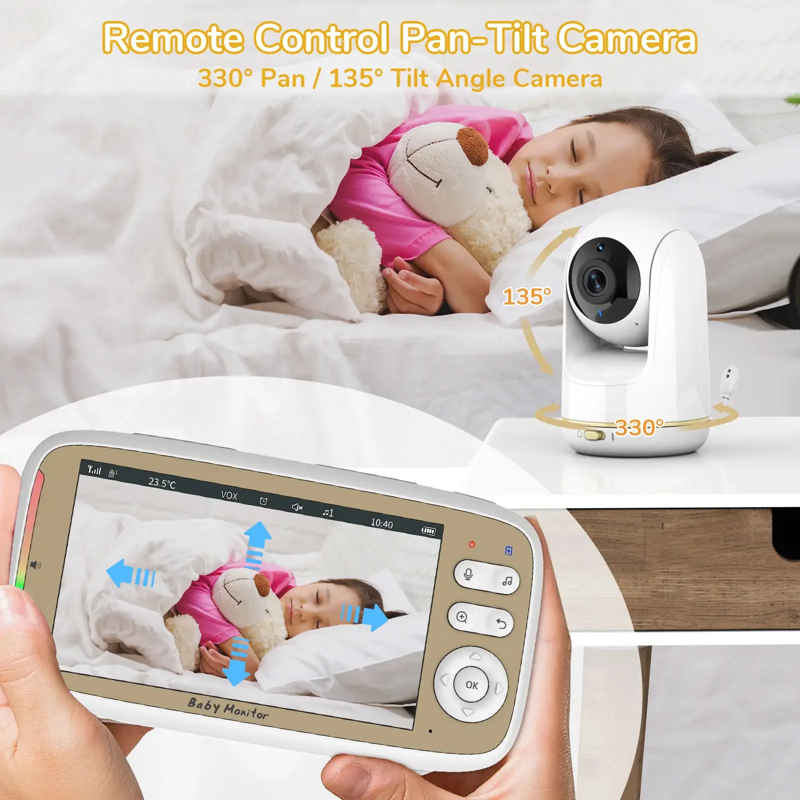 Vigilabebés de 5 pulgadas, cámara PTZ con zoom 3x, control dual APP+monitor, vigilabebés electrónico WIFI, audio bidireccional, visión nocturna, teléfono para bebés