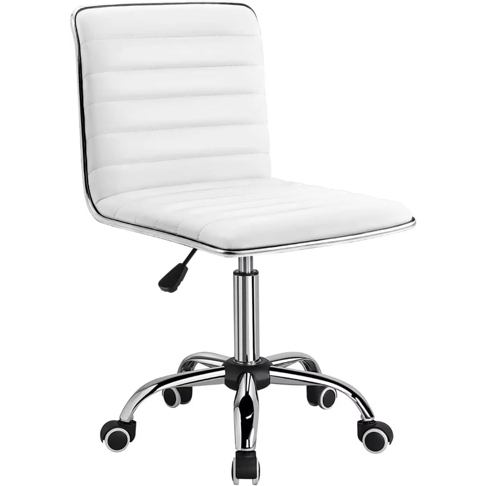 Mid Back Vanity Chair for Makeup Room, Low Back PU Leather Swivel Computer Desk Chair, Task and Office Chair Retro (White)