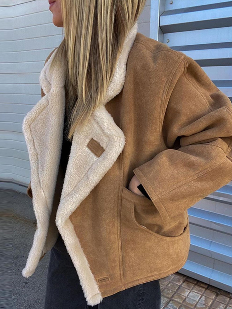 Vintage Faux Leder Warme Mantel Dicken Flauschigen Spleißen Großen Revers Mäntel Weibliche Lange Hülse Oberbekleidung Winter Dame Straße Jacken