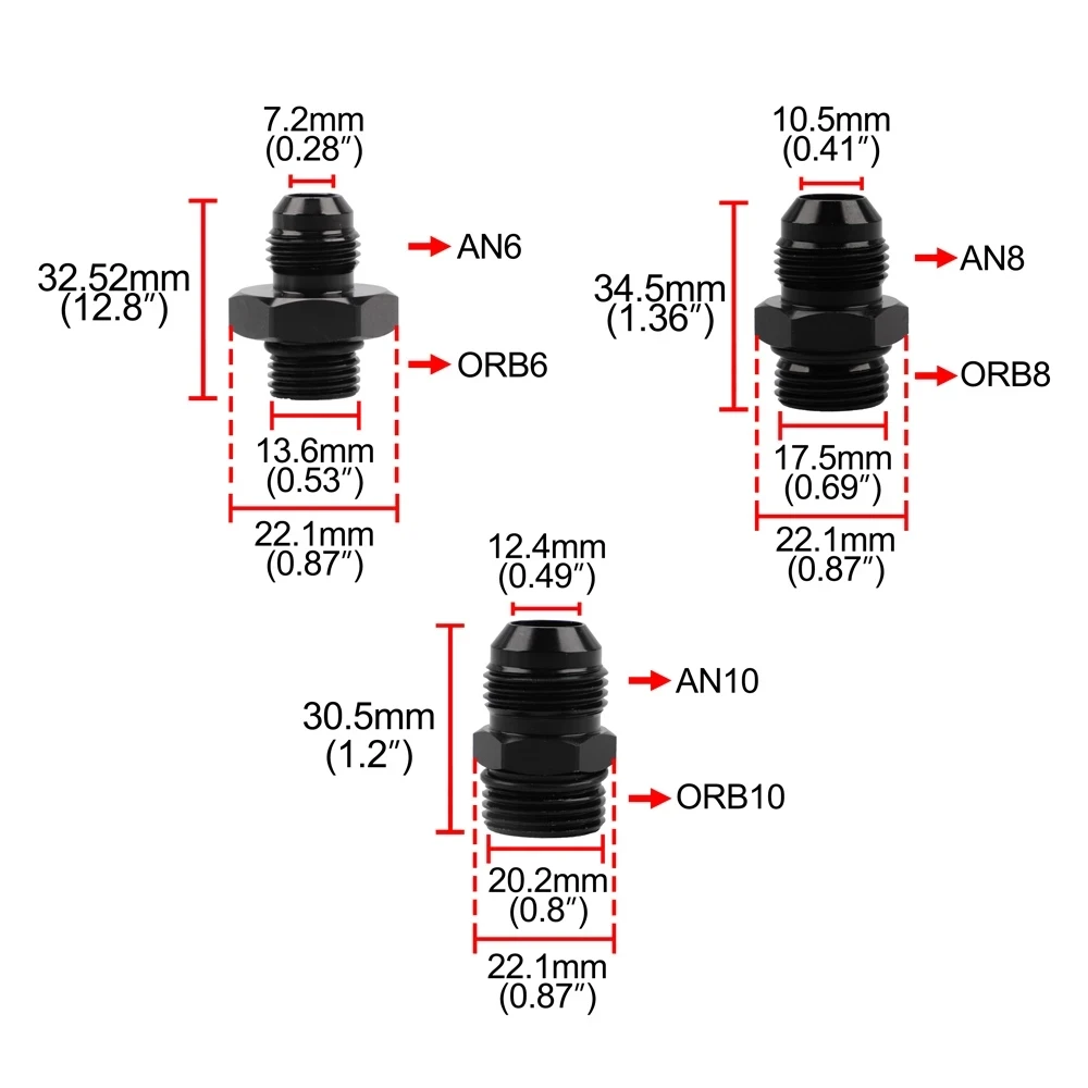 Adaptador macho de montaje negro ORB-6 ORB-8 ORB-10 junta tórica Boss a AN6 AN8 AN10 6061-T6 ajuste acampanado de aluminio