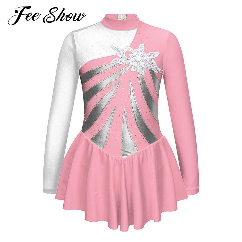 Kinder Mädchen Glänzende Strass Gymnastik Trikots Eislaufen Kleid Tanz Tragen Langarm Floral Pailletten Hohl Zurück Tanz Kleid