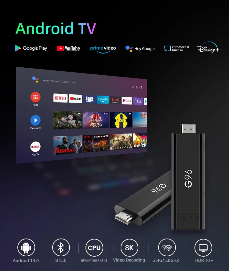 Android 13,0 mini 8k hdr10 smart tv stick bt sprach assistent allwinnerh313 quad core cortex a53 g96 atv media player2gb16gb q6
