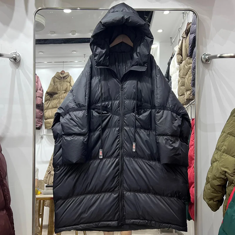 Schinteon Damen-Daunenjacke mit weißer Ente und Kapuze, Herbst-Winter, warm, lang, Übergröße, lockerer Mantel, 2025, Neu