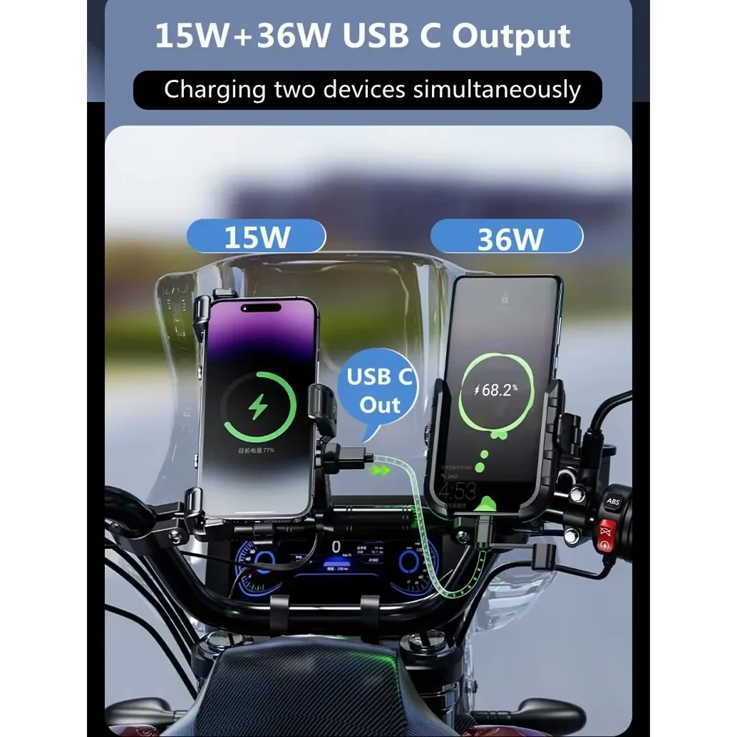 オートバイ用ワイヤレス充電器付きオートバイ電話ホルダー、オートバイミラー、モバイルスタンドサポート、USB C、急速充電、携帯電話マウント、15w