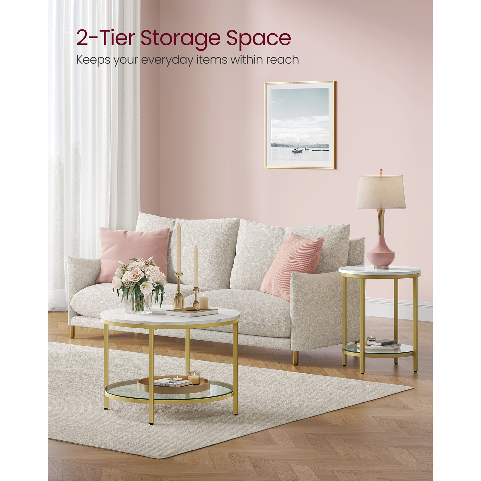 VASAGLE Coffee Table, Living Room Table, Sofa Cocktail Table Faux Marble Round, Tempered Glass Storage Shelf