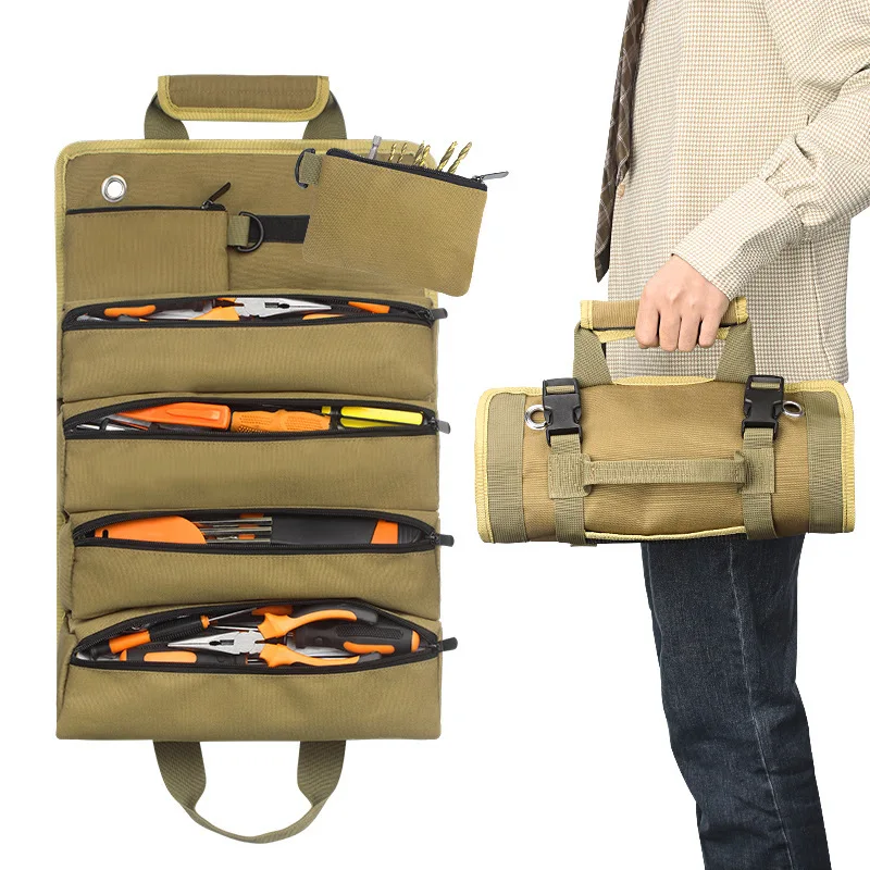 A Multifunctional Hanging Portable Repair Tool Bag, a Household Hardware Roll-Up Multi-Use Bag Made of Oxford Cloth, a Foldable
