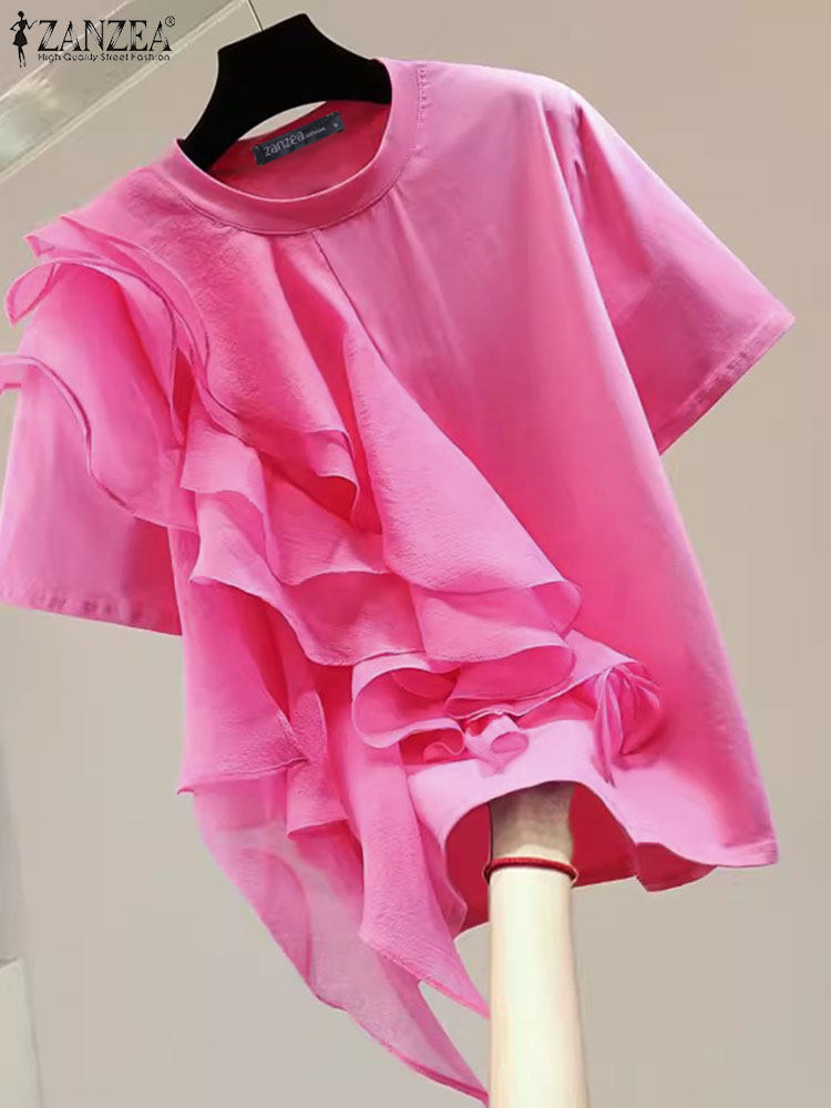 ZANZEA วันหยุดฤดูร้อน O-คอเสื้อผู้หญิง Ruffled เย็บเสื้อแฟชั่น 2024 เสื้อแขนสั้นลําลองหลวม Blusa Femme