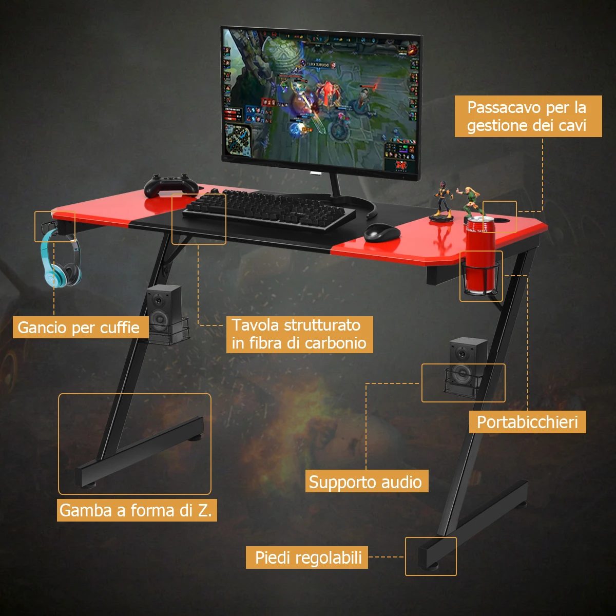 Scrivania da Gaming Tavolo per Computer Ergonomico, con Porta Bicchiere Gancio per Cuffie e Supporti Audio, 120 x 60 x 77 cm, Rosso