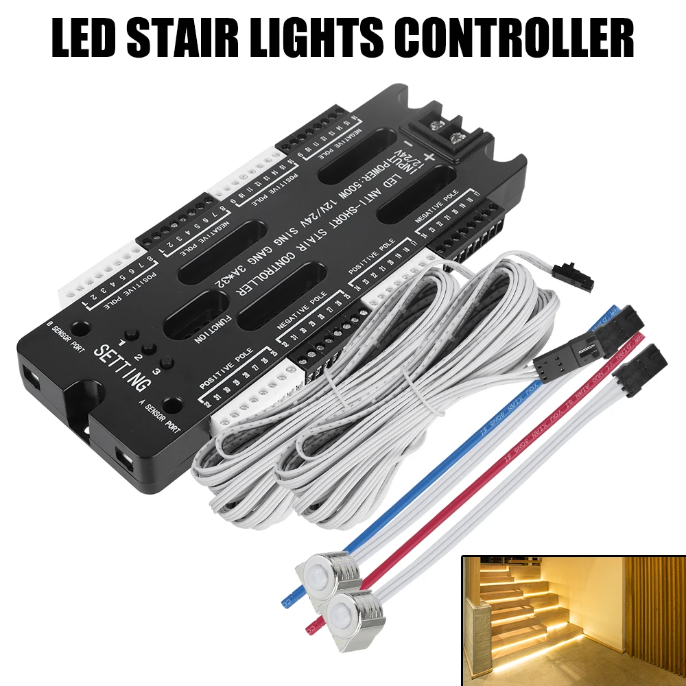 ชุดควบคุมไฟบันไดเซ็นเซอร์ตรวจจับการเคลื่อนไหว LED 32ช่องปรับความสว่างได้12V 24V สำหรับแถบบันไดแบบยืดหยุ่น
