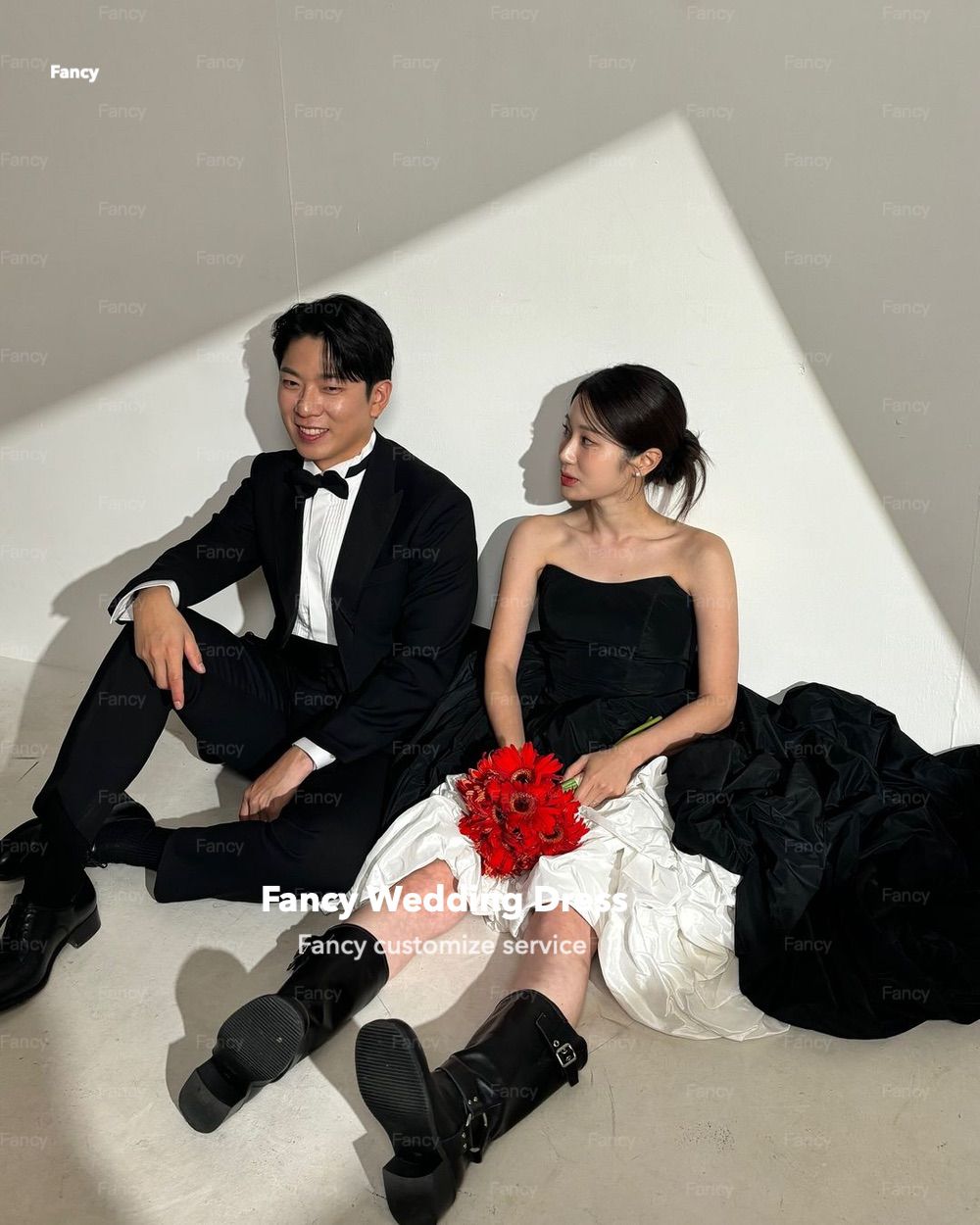 Fancy Korea Especially Strapless Wedding Dress White And Black Taffeta Evening Party Dress A Line Back Bow Customized