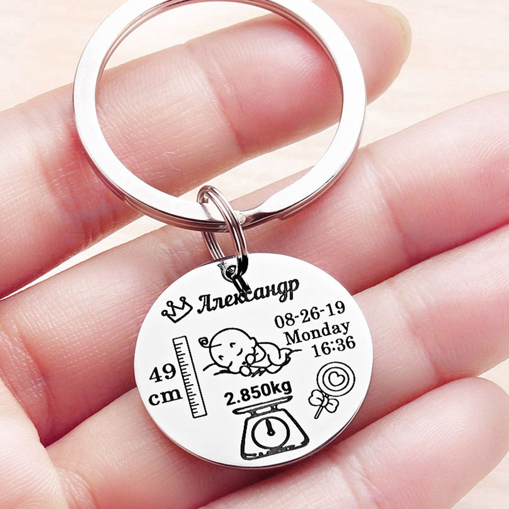 LLavero personalizado para bebé, nombre, fecha de nacimiento, altura de peso para recién nacido, llavero personalizado conmemoración, regalo para mamá y papá P026