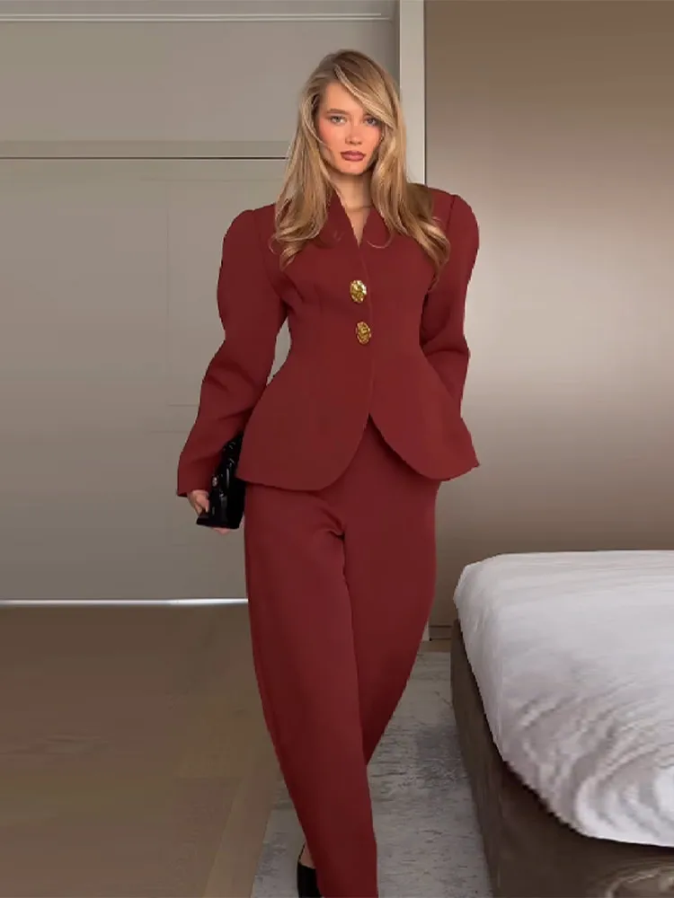 Elegante terno jaqueta calças definir feminino fino com decote em v manga puff um botão blazer sólido calça reta 2025 outono senhora escritório outfit