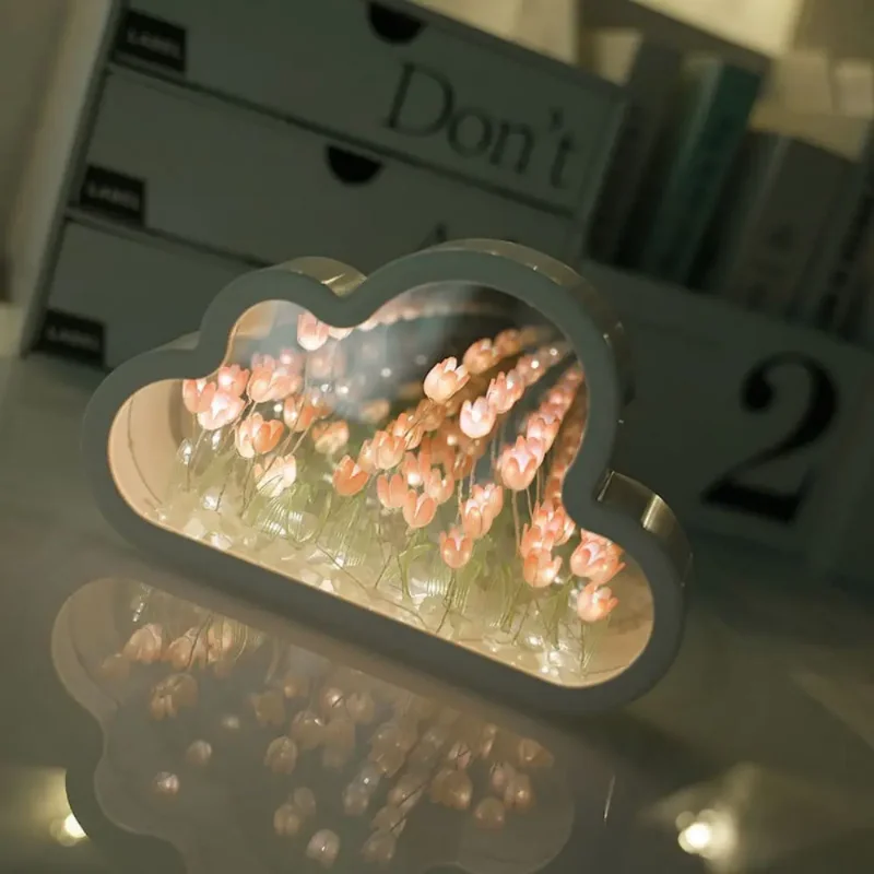 Lámpara de ambiente de noche de mar con flor de tulipán hecha a mano, lámpara de tulipán de nubes, luz LED nocturna, lámpara de mesa con espejo, luces decorativas para dormitorio, nuevo