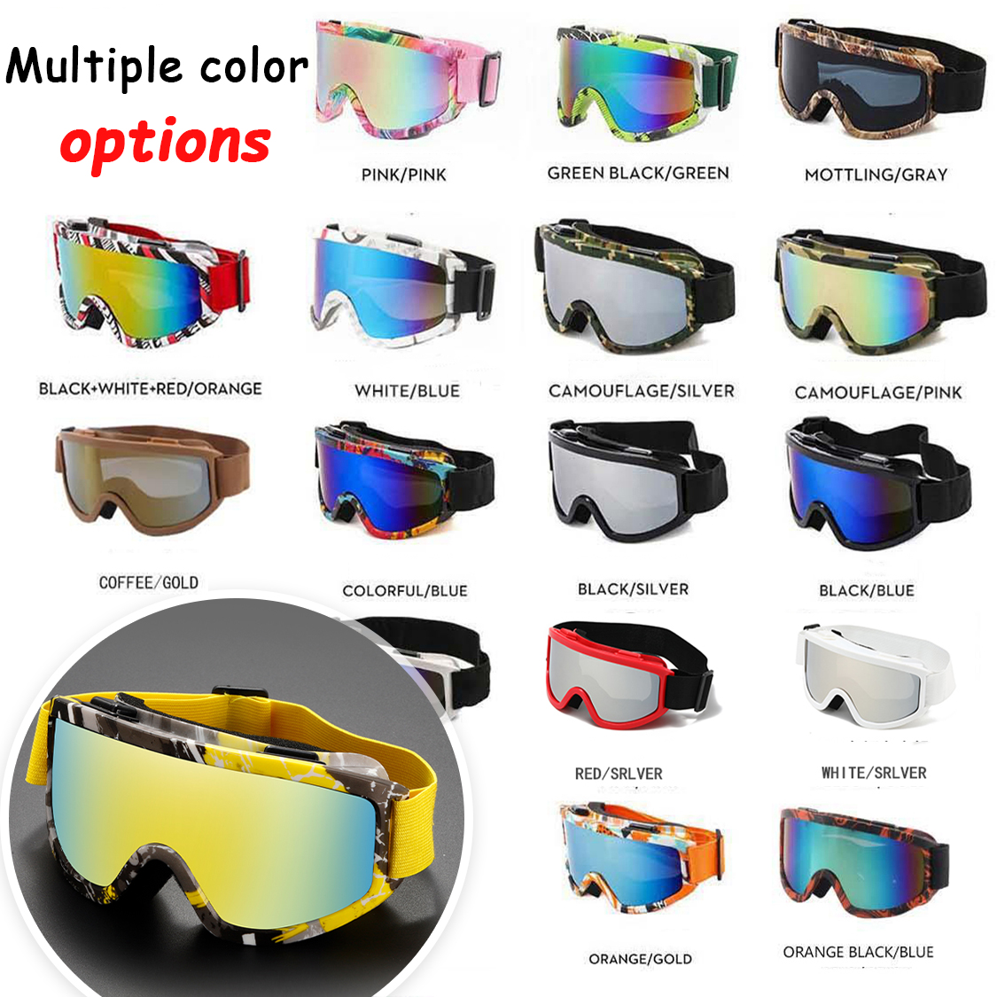 Skibrille mit großem Rahmen, farbigen Gläsern und Antikollisions- und Blendgläsern aus Schwamm. Outdoor-Sport, Snowboarden und Snowboarden