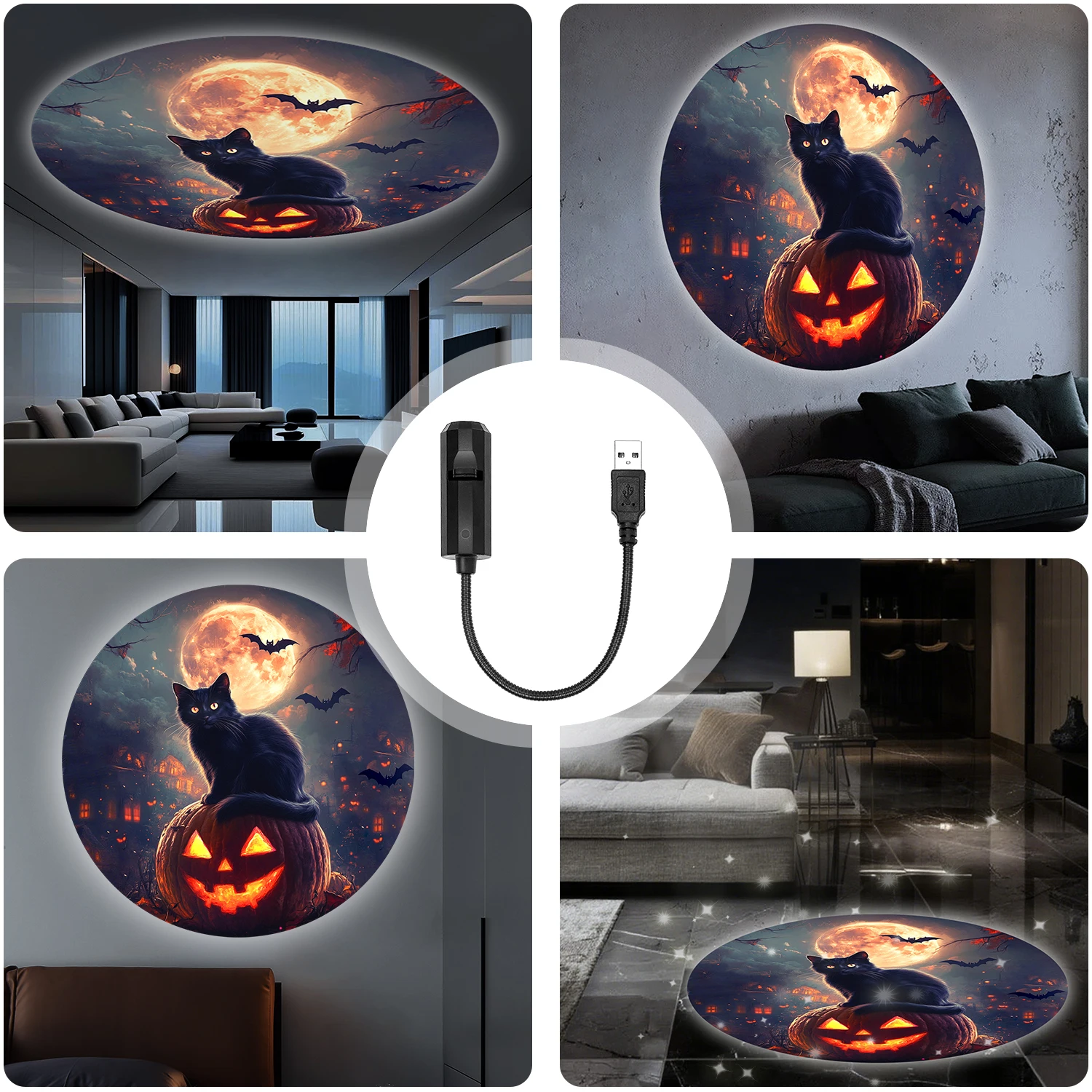 Moon Black Cat Light Projector Lamp, USB powered, 360° rotatable, perfect for creating a Halloween atmosphere