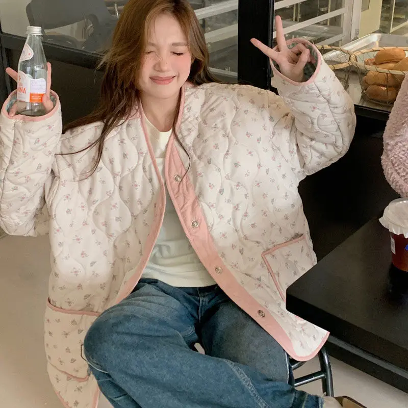 Novo losango pequeno topos floral acolchoado algodão-acolchoado jaqueta outerwear inverno dupla face usar jaquetas acolchoadas de algodão de comprimento médio