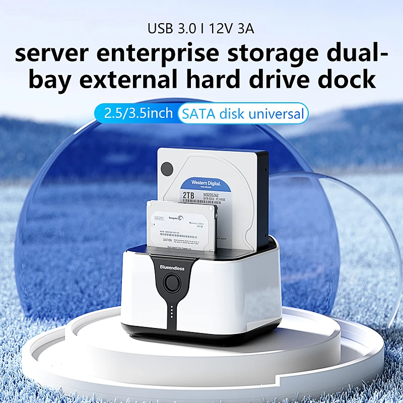   Blueendless 2-Schacht-HDD-Box-Gehäuse, HDD-Dockingstation, SSD-Gehäuse, Dual-Schachtel, Offline-Klon, SATA auf USB 3.0-Adapter für 2,5 3,5 SSD-Festplatte