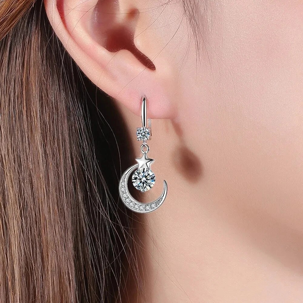 Boucles d'oreilles étoile lune pour femmes, en argent Sterling 925, saphir blanc, rose, bleu, blanc, artificiel