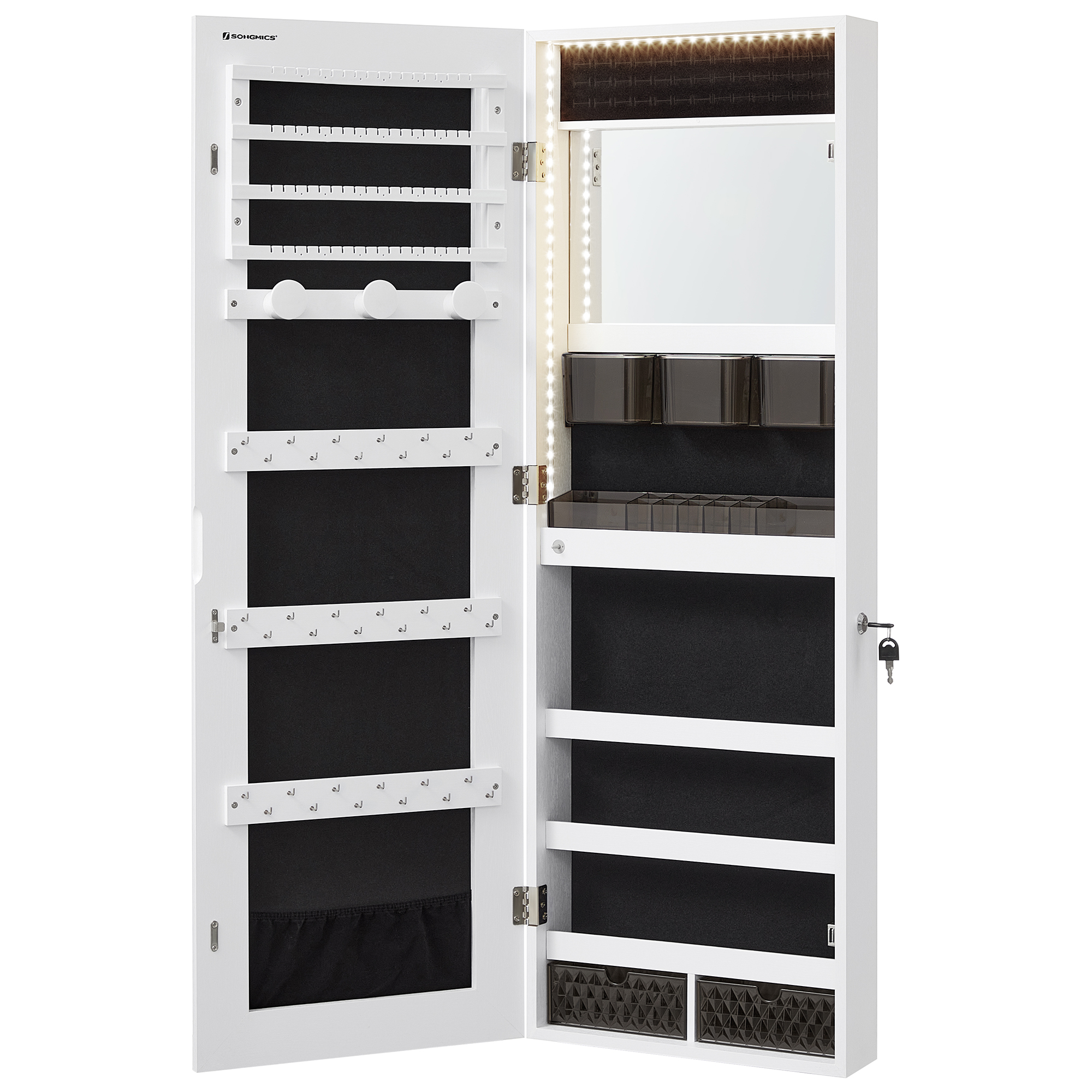 SONGMICS Schmuckschrank mit LED-Beleuchtung, Spiegelschrank, Schmuck-Organizer, Wandschrank mit Ganzkörperspiegel
