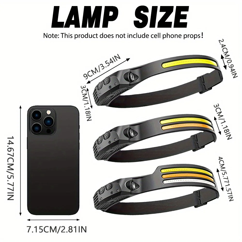 1 LED+COB Reflektor ładowany przez USB, reflektor z czujnikiem ruchu, odpowiedni do biegania, wędkowania, biwakowania, pieszych wędrówek, świateł awaryjnych