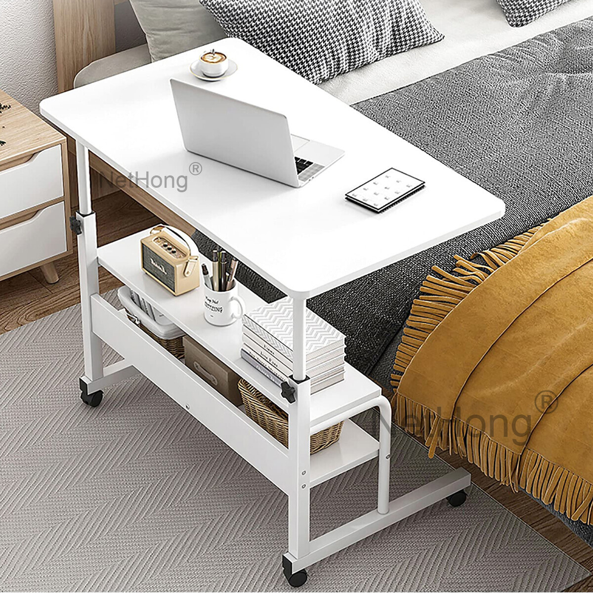 Height Adjustable Mobile Rolling Computer PC Laptop Over Bed Desk Overbed Desk~