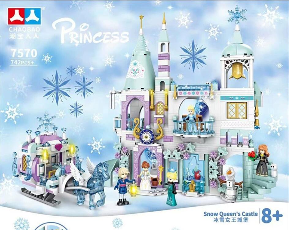 เพื่อนเจ้าหญิงหรูหราปราสาทน้ําแข็งสนามเด็กเล่น House ภาพยนตร์ฤดูหนาว Snow Horse Figures Building Blocks ชุดของเล่นสําหรับหญิง DIY ของขวัญ