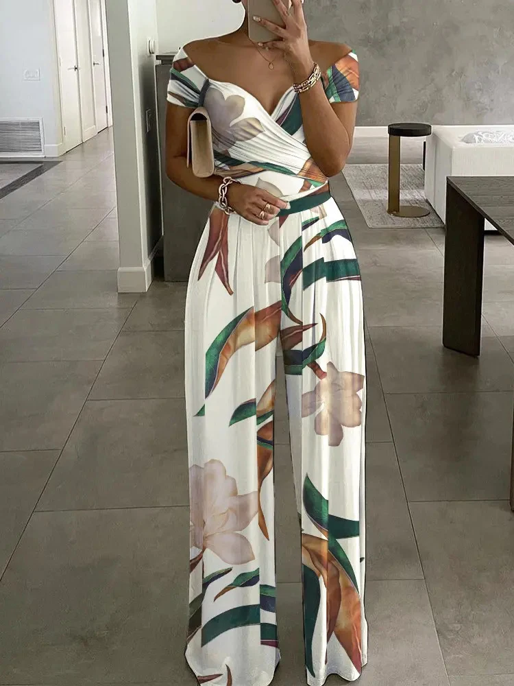 Bloemenprint Jumpsuit Dames Zomer Y2k Rechte Party Overalls Y2k Club Romper Elegant Off Schouder Mouwloze Party Jumpsuits