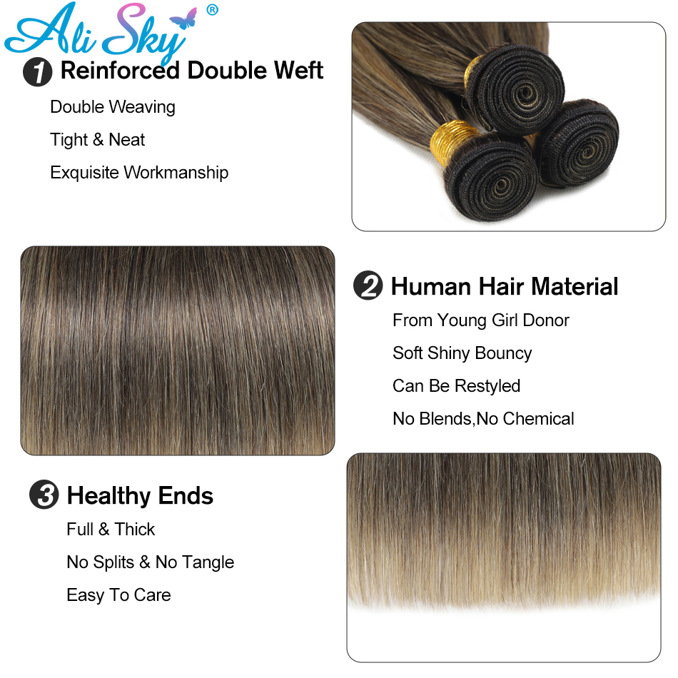 混合色 1b 27 ストレートヘアバンドル 100% 人毛 1/3/4 バンドルレミー毛織りエクステンションハイライトハニーブロンドアリスカイソフト