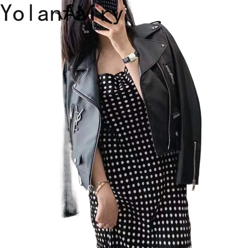 YOLANFAIRY chaqueta de cuero para mujer prendas de vestir de piel de oveja auténtica para mujer primavera otoño abrigos cortos con solapa chaquetas delgadas nuevas ropa femenina