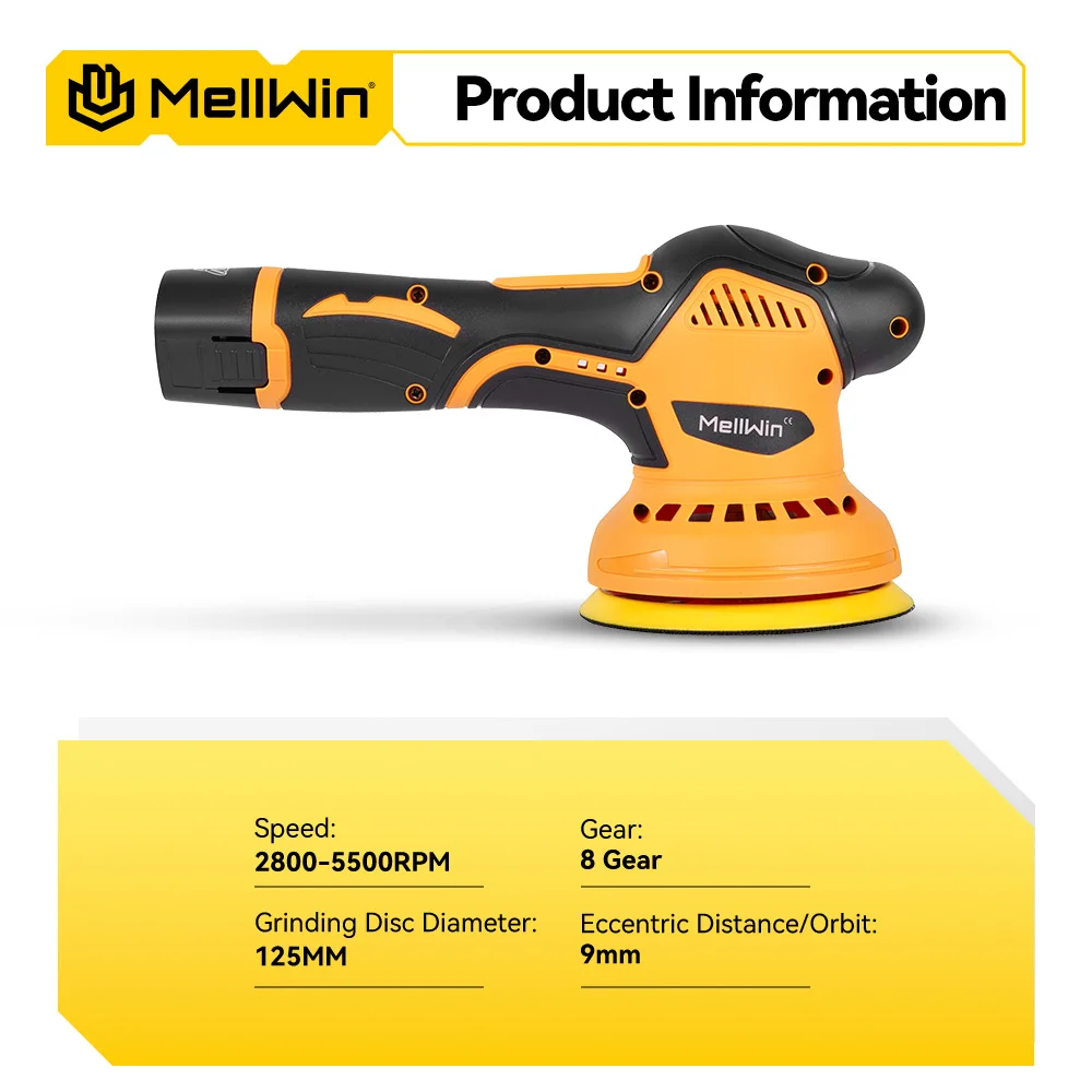 MELLWIN 5500rpm 8 Gears Digital Display Cordless Electric Car Polisher Car Polishing Waxing Sanding Machine For 12V Battery